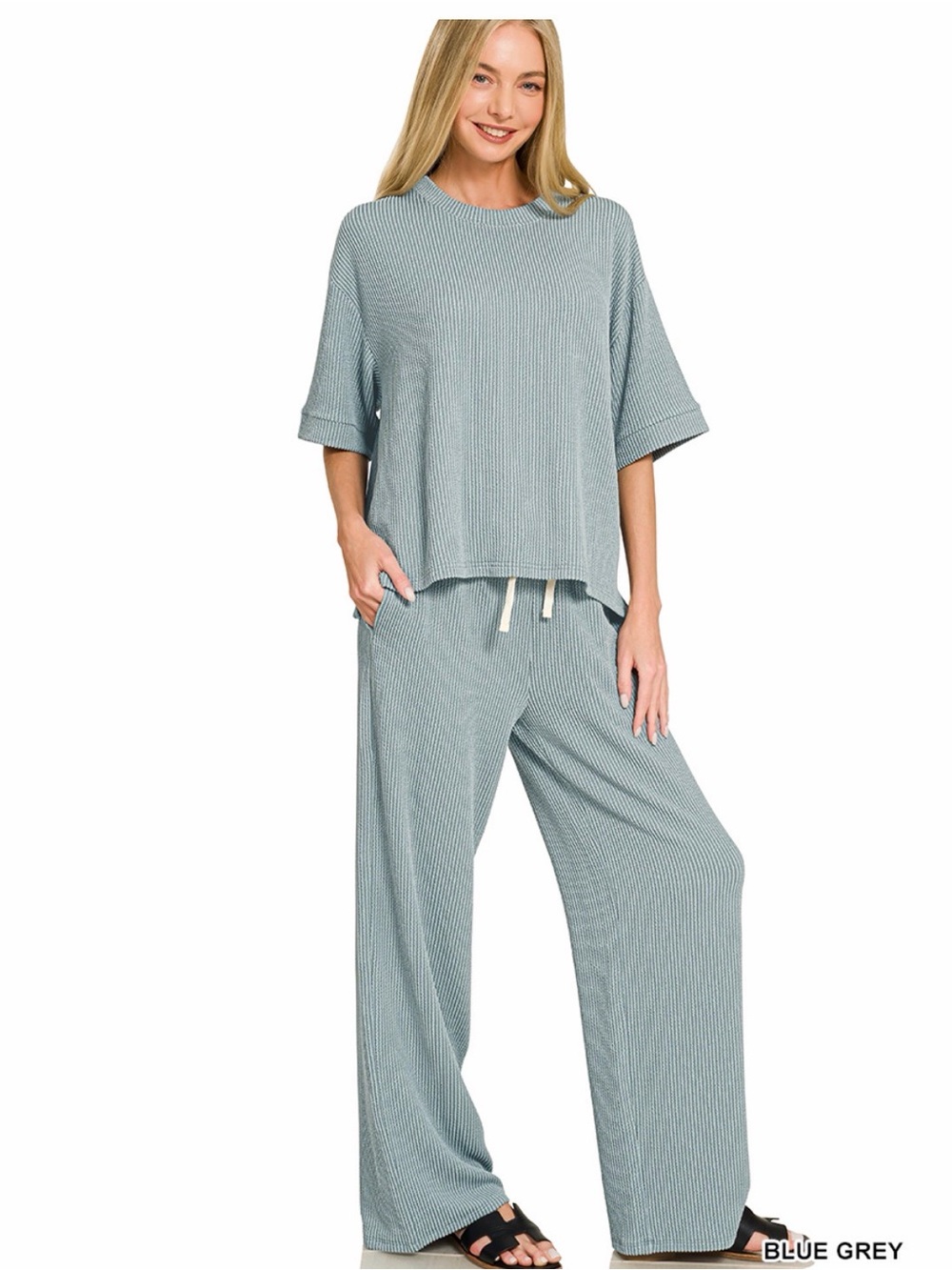 ZENANA RAISED RIB SHORT SLEEVE TEE & PANTS SET RTLRPL-8608Y